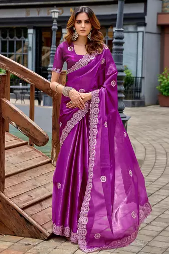 Purple shimmer chiffon geomatric embroidery work bollywood saree
