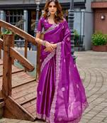 Purple shimmer chiffon geomatric embroidery work bollywood saree