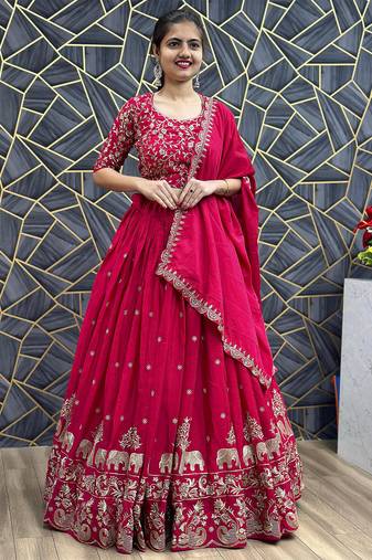 Women's Chinon Silk Embroiderd Semi-Stitched Lehenga Choli With Dupatta