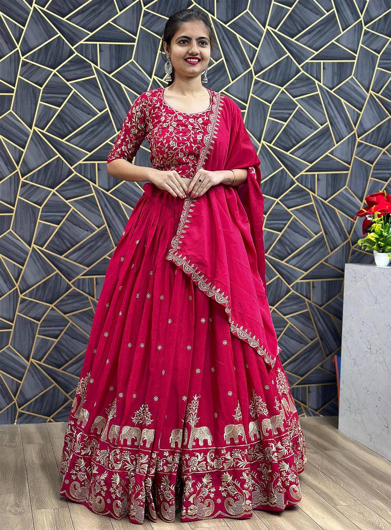 Women's Chinon Silk Embroiderd Semi-Stitched Lehenga Choli With Dupatta