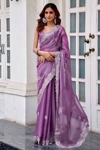 Lavender shimmer chiffon geomatric embroidery work bollywood saree