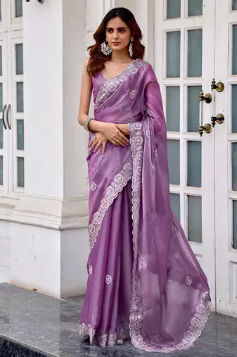 Lavender shimmer chiffon geomatric embroidery work bollywood saree
