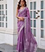 Lavender shimmer chiffon geomatric embroidery work bollywood saree