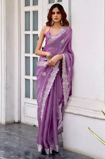 Lavender shimmer chiffon geomatric embroidery work bollywood saree