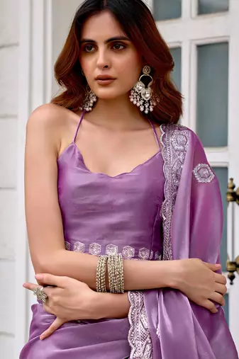 Lavender shimmer chiffon geomatric embroidery work bollywood saree