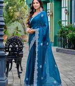 Teal blue shimmer chiffon geomatric embroidery work bollywood saree