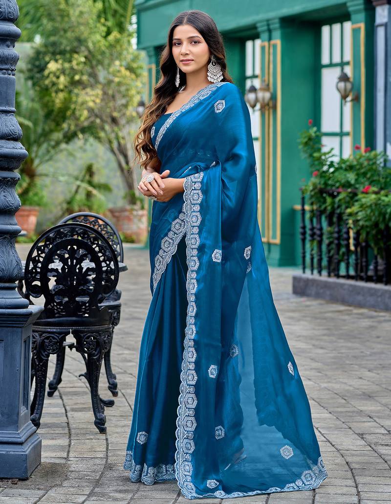 Teal blue shimmer chiffon geomatric embroidery work bollywood saree