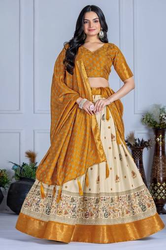 Yellow Color Jari Lining With Print Lichi Fabric WIth Jacquard Border Lehanaga Choli Set