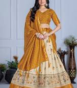 Yellow Color Jari Lining With Print Lichi Fabric WIth Jacquard Border Lehanaga Choli Set