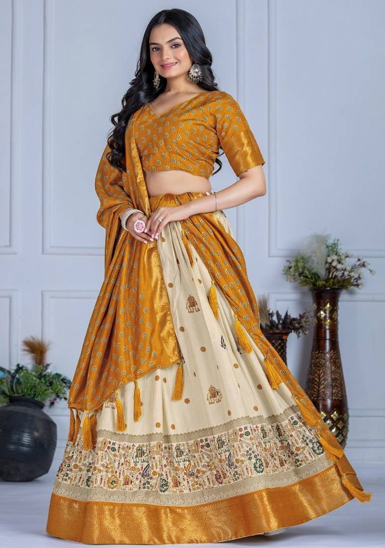 Yellow Color Jari Lining With Print Lichi Fabric WIth Jacquard Border Lehanaga Choli Set