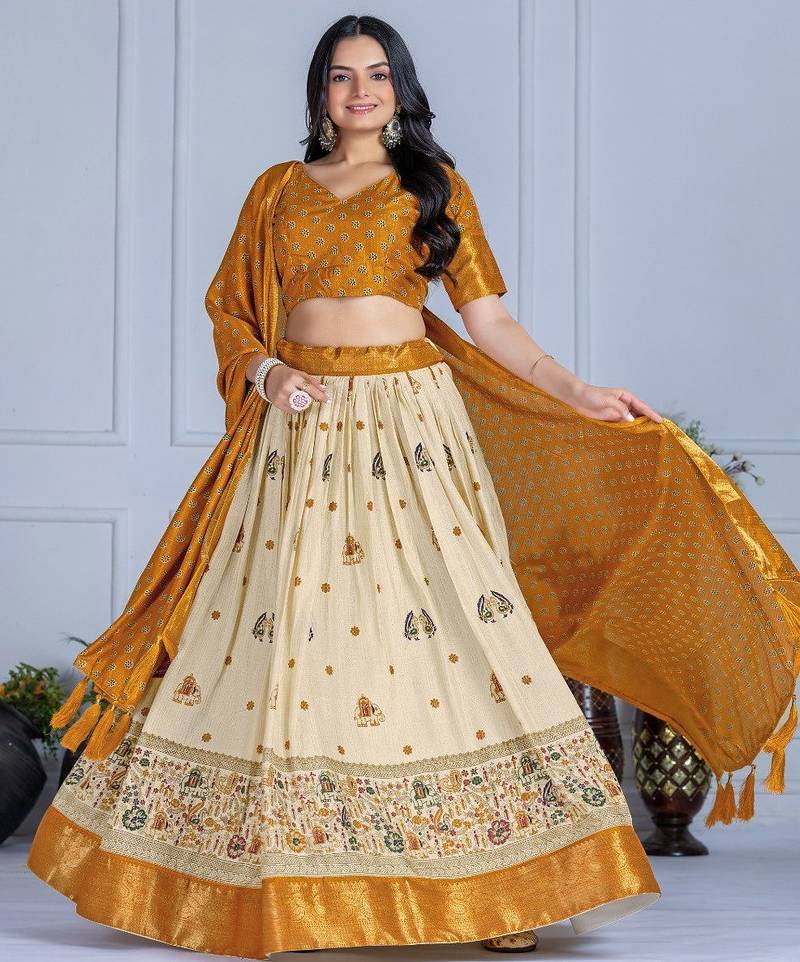 Yellow Color Jari Lining With Print Lichi Fabric WIth Jacquard Border Lehanaga Choli Set