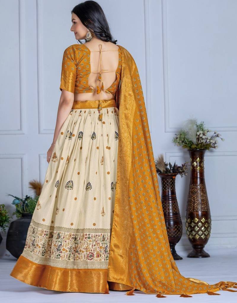 Yellow Color Jari Lining With Print Lichi Fabric WIth Jacquard Border Lehanaga Choli Set
