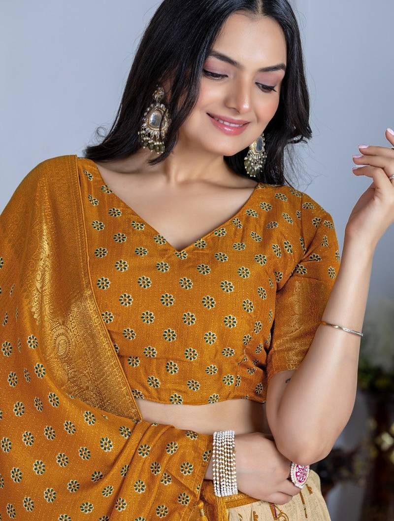 Yellow Color Jari Lining With Print Lichi Fabric WIth Jacquard Border Lehanaga Choli Set