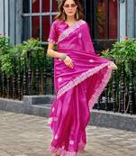 Pink shimmer chiffon geomatric embroidery work bollywood saree