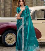 Teal shimmer chiffon geomatric embroidery work bollywood saree
