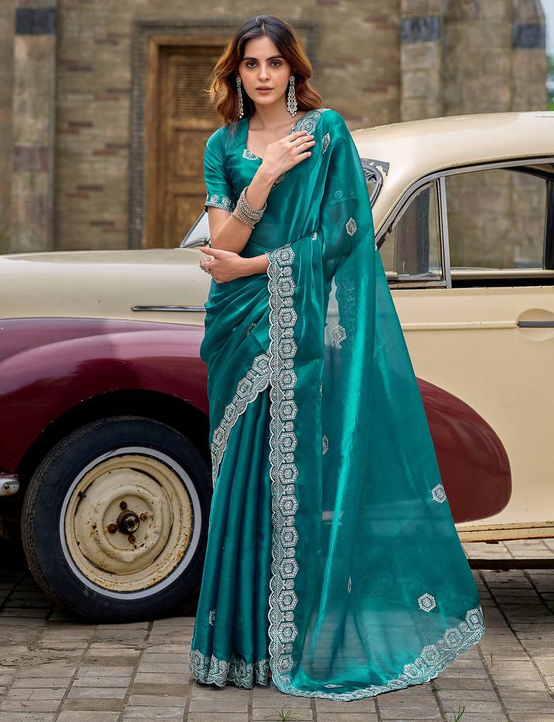 Teal shimmer chiffon geomatric embroidery work bollywood saree