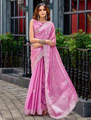 Baby pink shimmer chiffon geomatric embroidery work bollywood saree 1