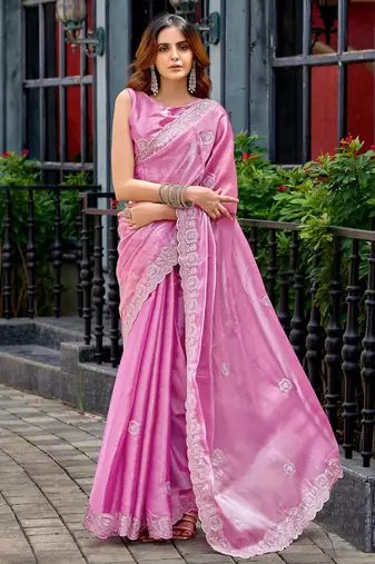 Baby pink shimmer chiffon geomatric embroidery work bollywood saree