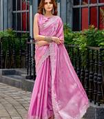 Baby pink shimmer chiffon geomatric embroidery work bollywood saree