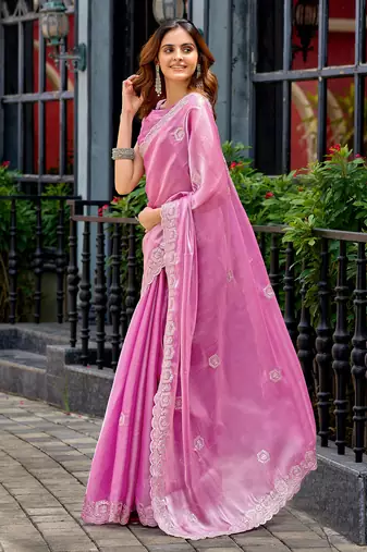 Baby pink shimmer chiffon geomatric embroidery work bollywood saree