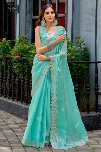 Sky blue shimmer chiffon geomatric embroidery work bollywood saree