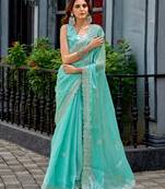 Sky blue shimmer chiffon geomatric embroidery work bollywood saree