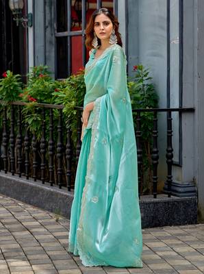 Sky blue shimmer chiffon geomatric embroidery work bollywood saree 2