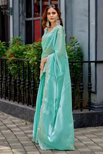 Sky blue shimmer chiffon geomatric embroidery work bollywood saree