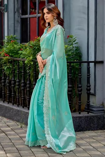 Sky blue shimmer chiffon geomatric embroidery work bollywood saree