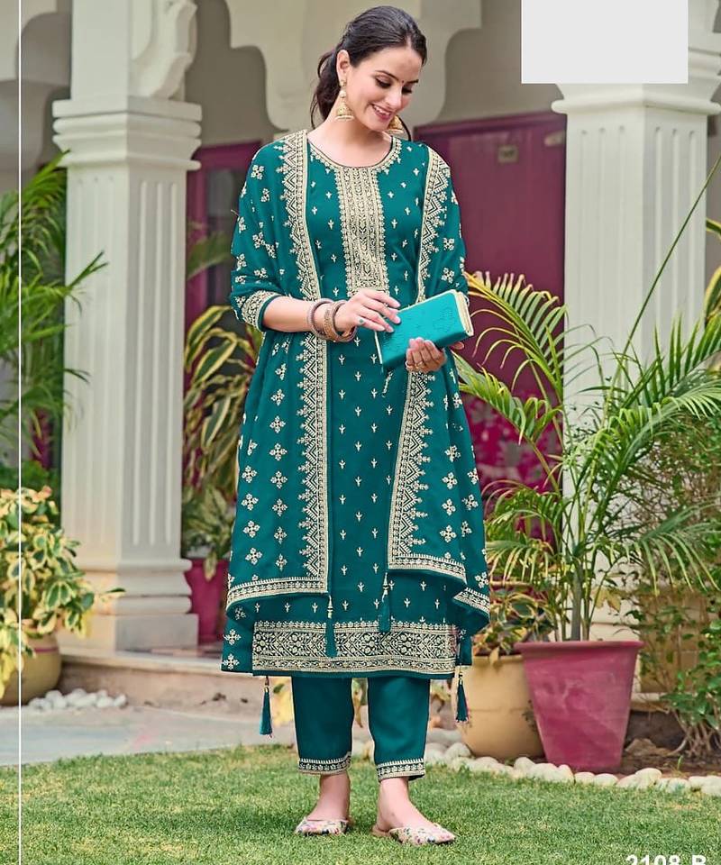 Peacock blue georgette semi stitched wedding suits