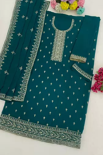 Peacock blue georgette semi stitched wedding suits