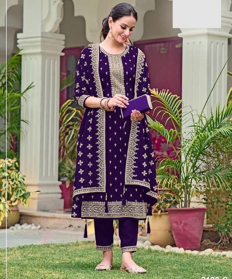 Purple georgette semi stitched wedding suits