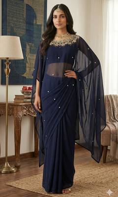 navy blue embroidery,real mirror & pearls work faux georgette pre draped saree 6