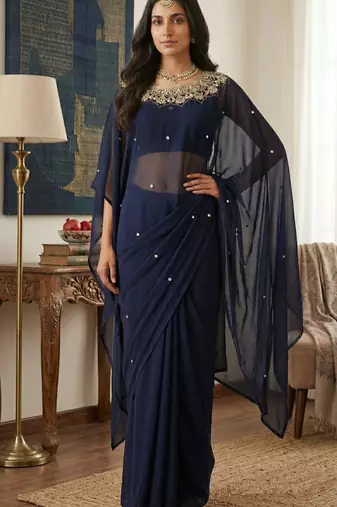 Navy Blue Color Embroidery,Real Mirror & Pearls Work Faux Georgette Ready To Wear Saree