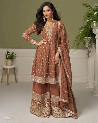 Brown free size upto 42 heavy georgette palazzo suits 1