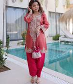 Maroon embroidered viscose designer kurta set with batwa