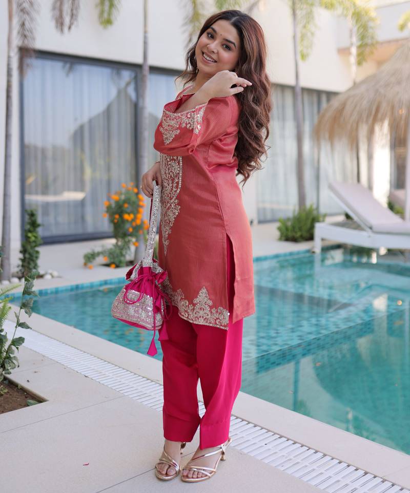 Maroon embroidered viscose designer kurta set with batwa