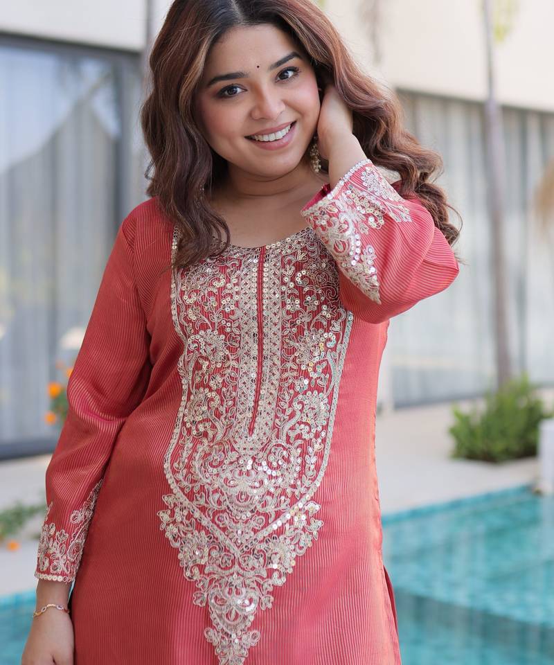 Maroon embroidered viscose designer kurta set with batwa