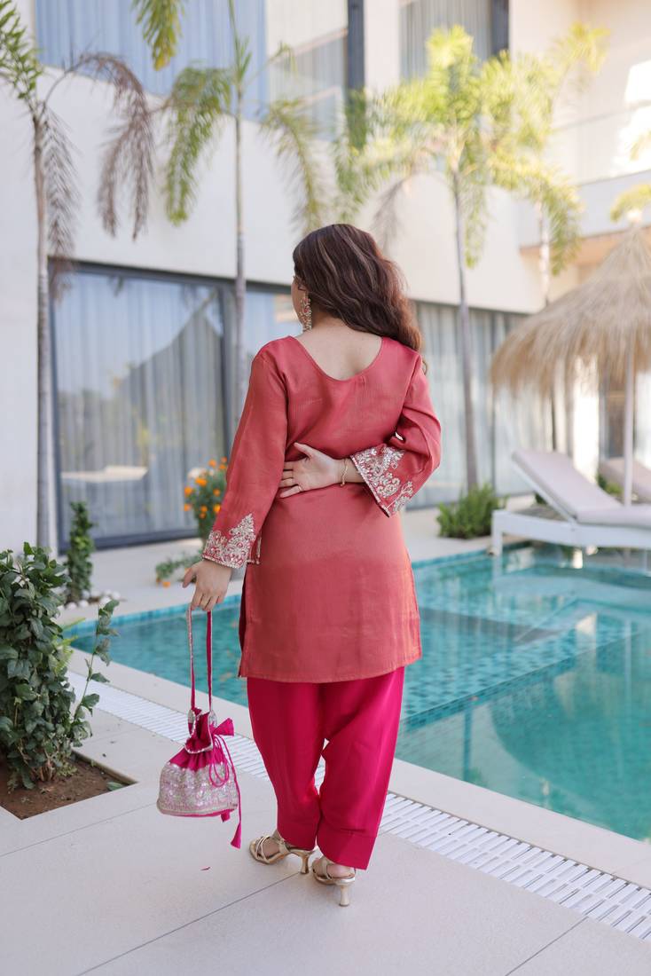 Maroon embroidered viscose designer kurta set with batwa