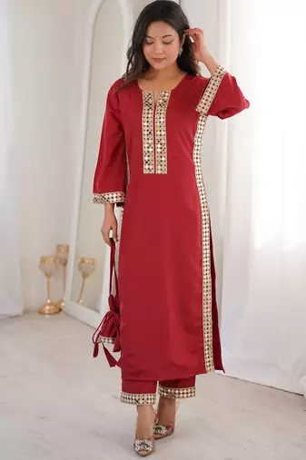 Maroon real mirror viscose designer kurta set with batwa