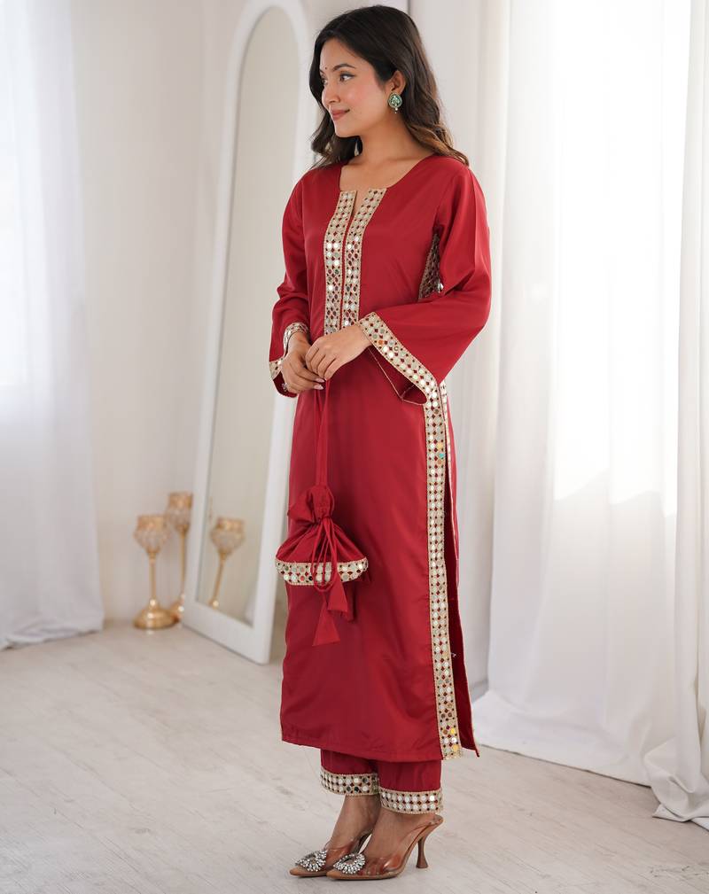 Maroon real mirror viscose designer kurta set with batwa