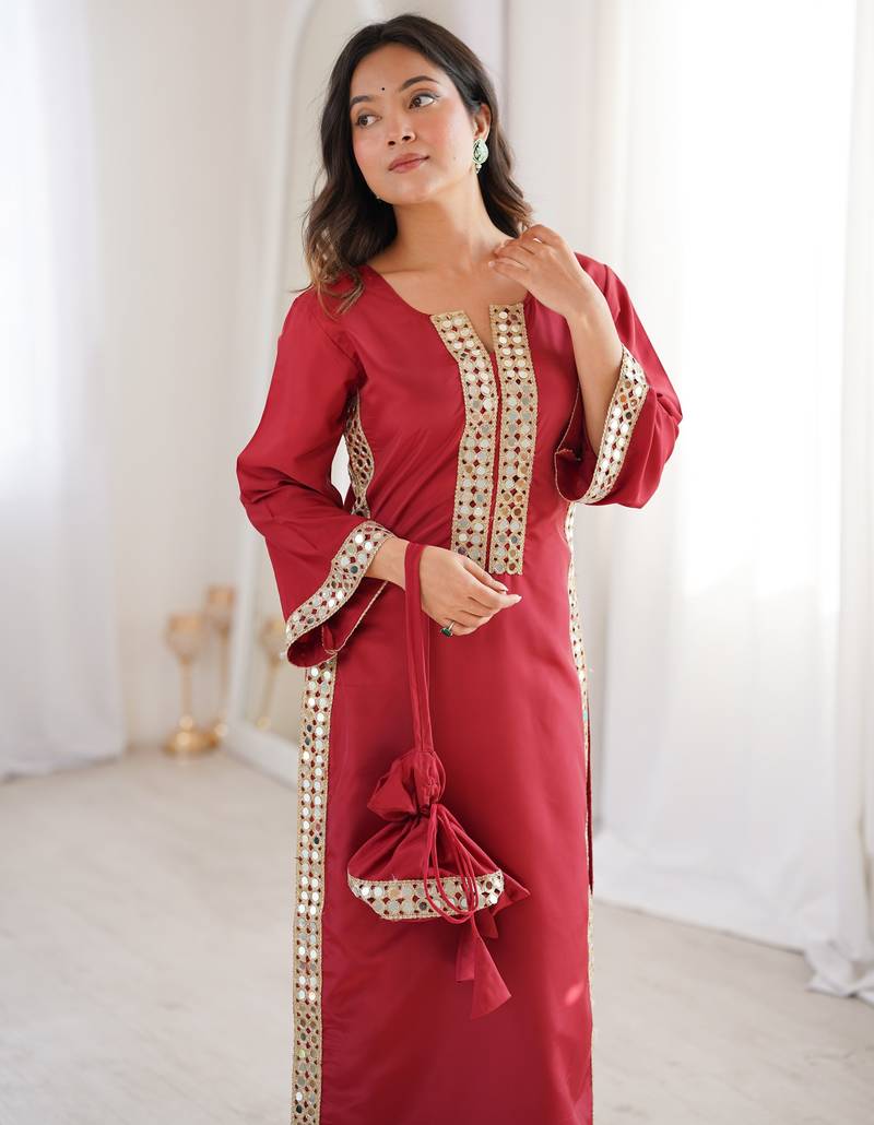 Maroon real mirror viscose designer kurta set with batwa