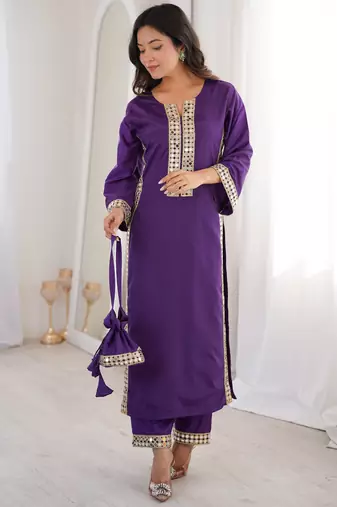 Purple real mirror viscose designer kurta set with batwa