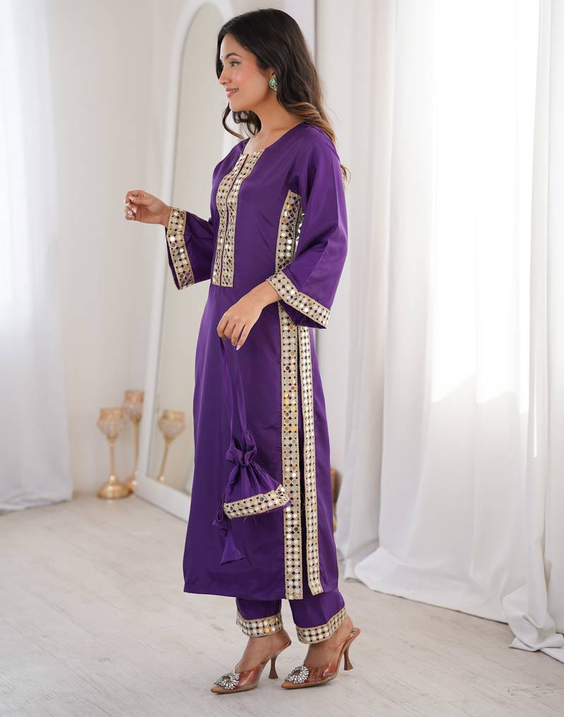 Purple real mirror viscose designer kurta set with batwa