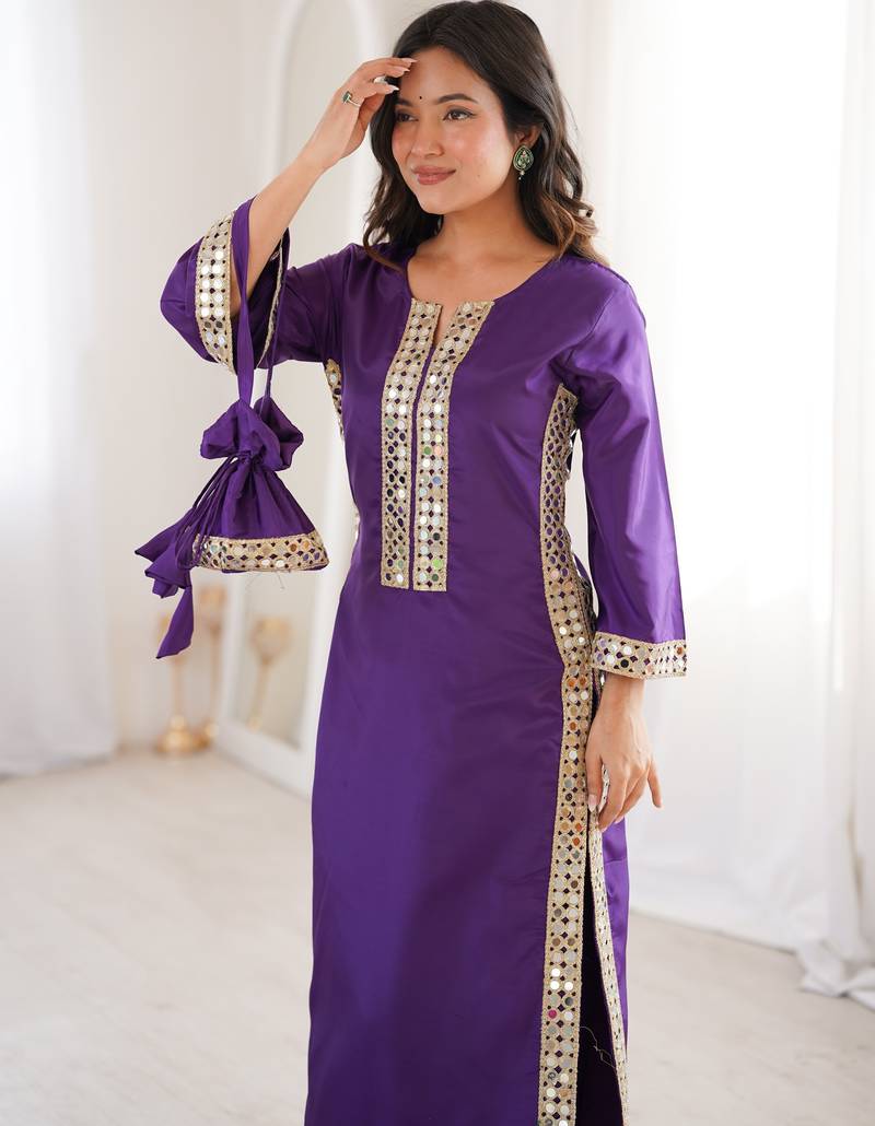 Purple real mirror viscose designer kurta set with batwa