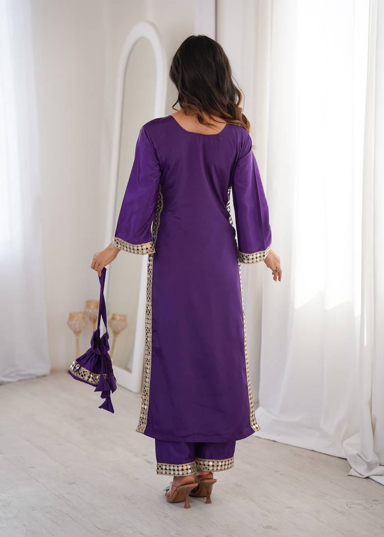 Purple real mirror viscose designer kurta set with batwa