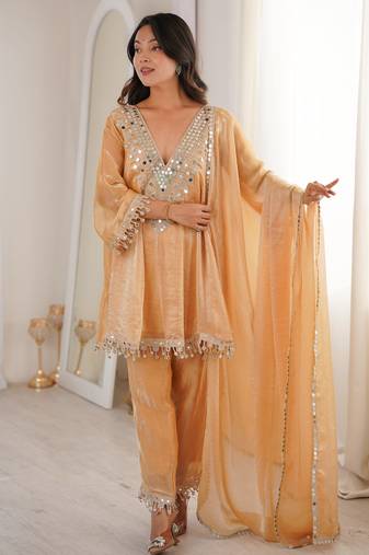 Beige embroidered fendy designer kurta set with dupatta