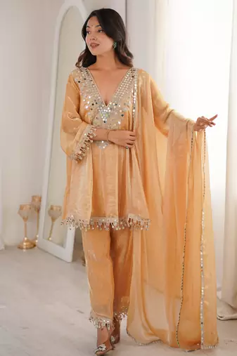 Beige embroidered fendy designer kurta set with dupatta