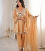 beige mirror embroidered silk kurta trouser set