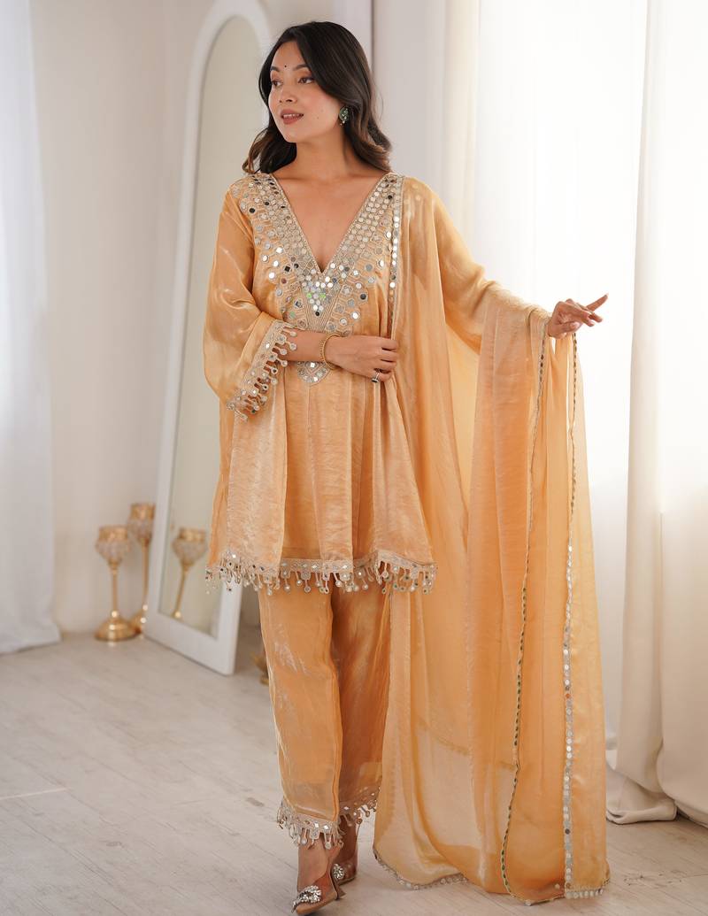 Beige embroidered fendy designer kurta set with dupatta